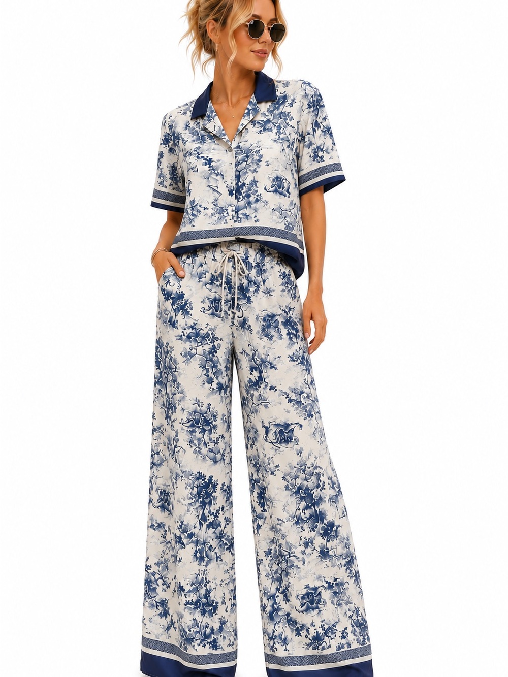 42.NWT Made in Italy 🇮🇹 Italian Silk Blend 2 pc set Blue & White Floral